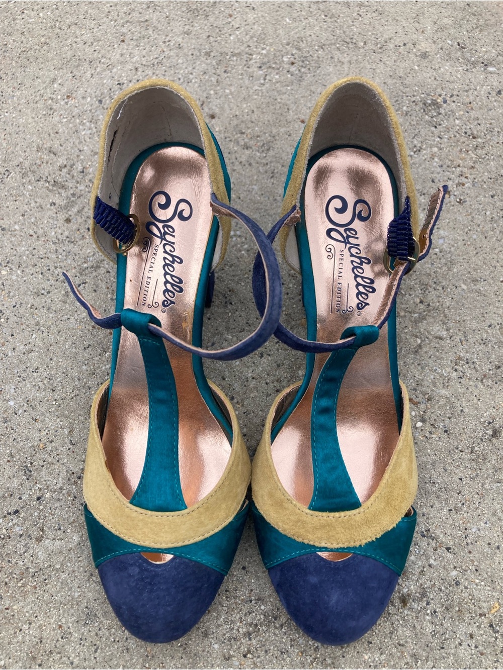 Seychelles Teal, Navy & Mustard Suede T-Strap Heels